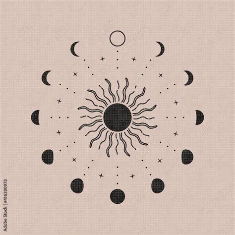 Abstract boho moon phases. Mystic contemporary sun moon symbols, bohemian magic poster decor ...