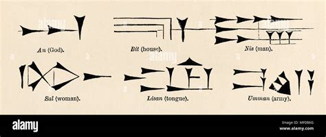 Words in cuneiform, written in clay with a stylus, ancient Babylon. Woodcut reproduction Stock ...