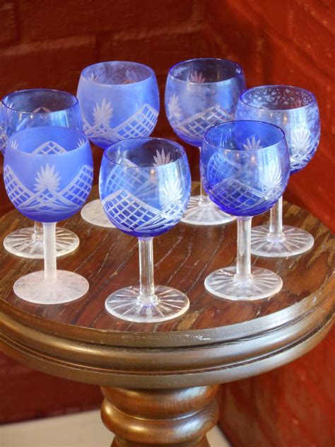 Seven Blue Glass Etched, Frosted Aperitif Glasses