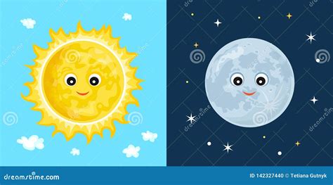 Sun and Moon. Cute Funny Characters Stock Vector - Illustration of ...