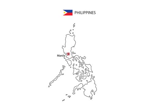 Hand draw thin black line vector of Philippines Map with capital city Manila on white background ...