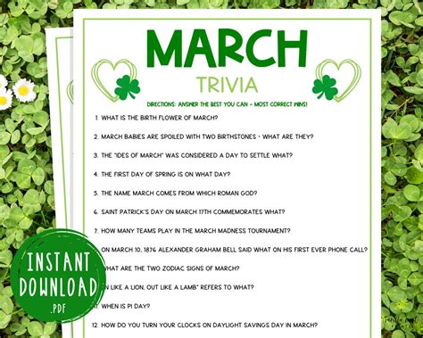 March Trivia Game Printable Month Party Games Springtime Activities for ...