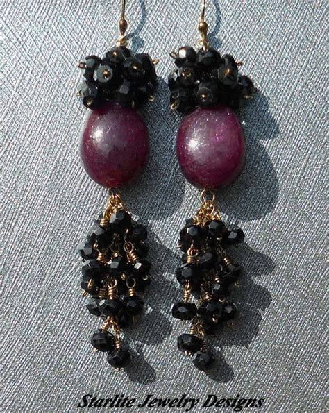 Ruby Cabochon Earrings ~ Accented with Black Spinel ~ Ruby Drop ...