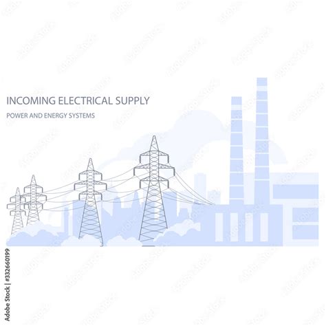 Tangent towers, high voltage power line pylons and city silhouette ...