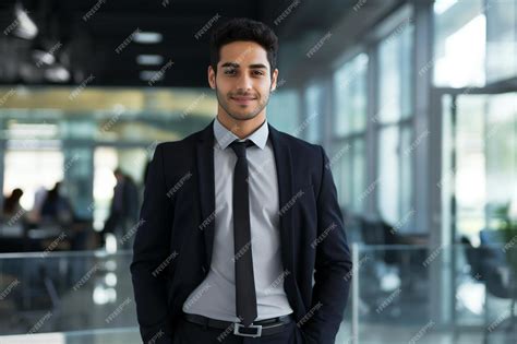 A young man in a suit stands in an office building. | Premium AI-generated image