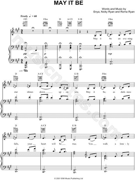 Enya "May It Be" Sheet Music in A Major (transposable) - Download & Print - SKU: MN0067893