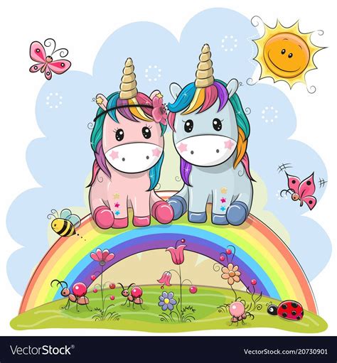 Two Cute Cartoon Unicorns are sitting on the rainbow. Download a Free ...