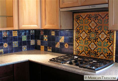 MexicanTiles.com - Kitchen Backsplash with Decorative Mural Using Angeles Talavera Mexican Tile