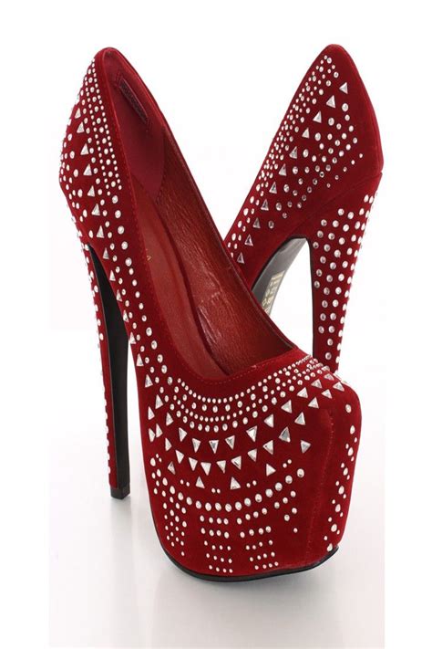 Red Faux Suede Rhinestone Pump Heels | Heels, Rhinestone high heels, Rhinestone pumps