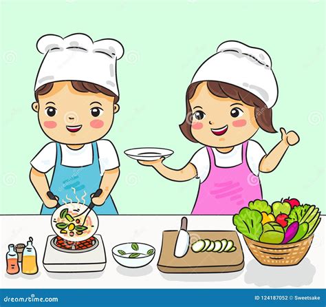 Boy and Girl Cooking Healthy Food Vector Illustration Stock Vector ...