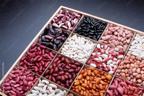 Different types of legumes beans. In wooden box.Varieties of beans.Top ...