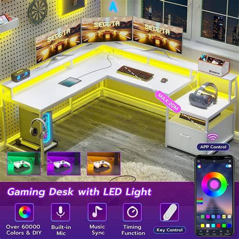 L Shaped Desk with Led Light 66" Computer Desk with File Drawer & Power Outlet | eBay