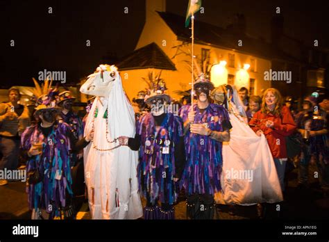 The Welsh Mari Lwyd stands on the bridge to meet the English Wassailers at the Chepstow Wassail ...