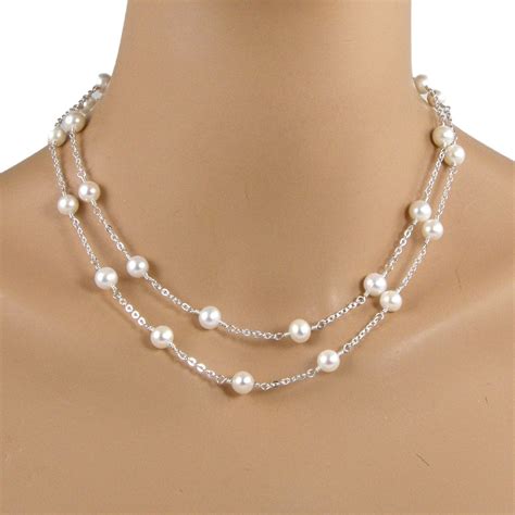 Long Tin Cup Necklace, White Pearl Sterling Silver Necklace