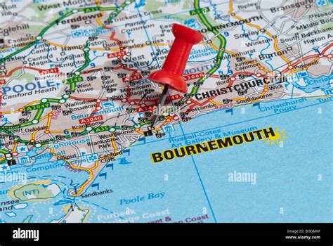 red map pin in road map pointing to city of Bournemouth Stock Photo - Alamy