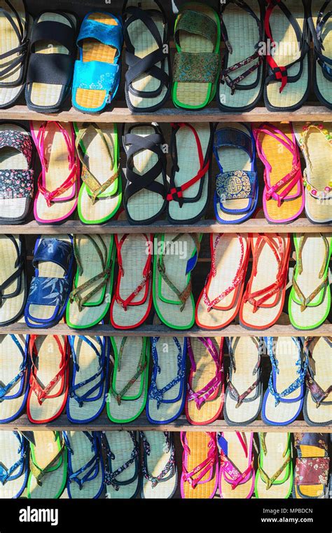 Traditional vietnamese shoes for selling in the street market in Hoi An ...