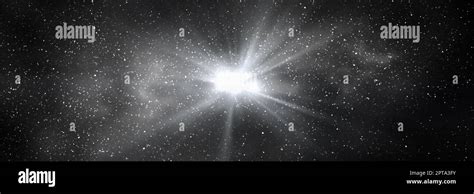 Burst of light in space. Night black starry sky and bright galaxy, horizontal background banner ...