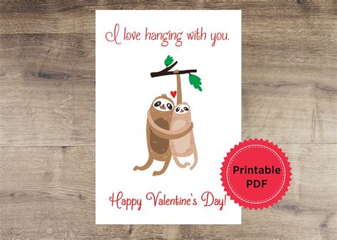 Printable Sloth Valentine's Day Card With Envelope, Printable Valentine ...