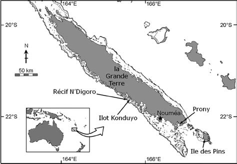 Map of New Caledonia showing the lagoonal and barrier reefs around the ...