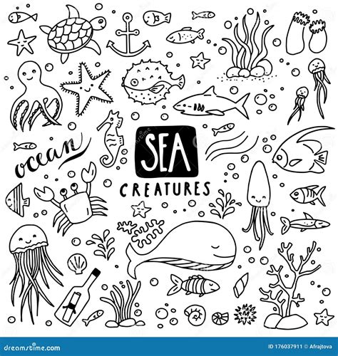 Sea Creatures Doodles stock vector. Illustration of anchor - 176037911