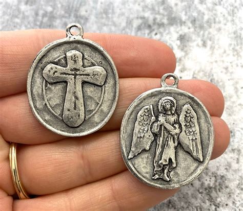 Archangel St. Raphael, Catholic Medal, Angel of Healing, Antiqued Silver Religious Pendant Charm ...