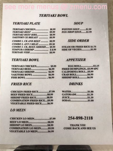 Menu at Teriyaki Bowl restaurant, Glen Rose