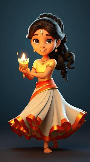 Premium Photo | Young Indian girl hold Diya lamp Diwali 3D cartoon