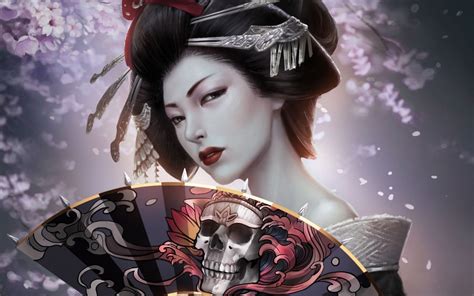 Download Kimono Fan Skull Gothic Fantasy Geisha HD Wallpaper by rikelee