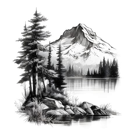 Minimalist Sketched Mountain Landscape Lake Clipart, Mountain Lake Landscape Pencil Sketch Art ...