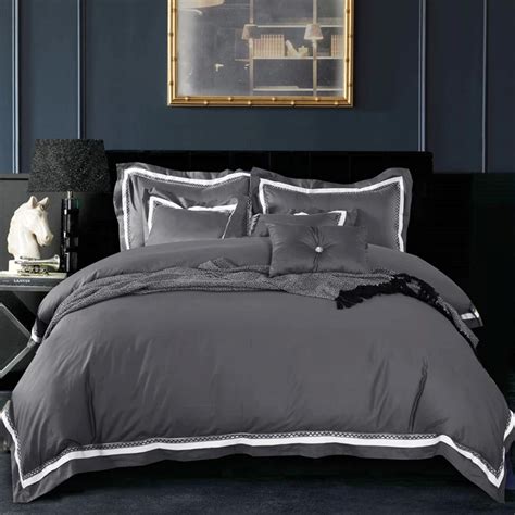 4PC 100% Cotton Luxury Satin fabric Solid color Dark Grey duvet cover set King size bedding ...