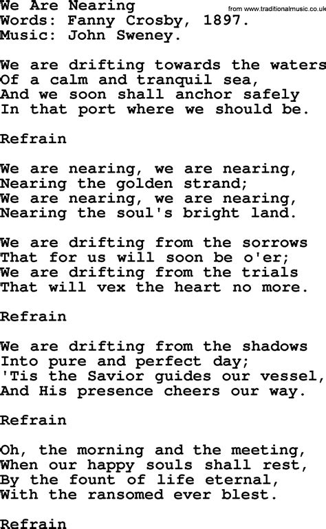 Funeral Hymn: We Are Nearing, lyrics, and PDF