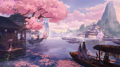 HD wallpaper: Fantasy, Oriental, Boat, Cherry Blossom, Cherry Tree ...