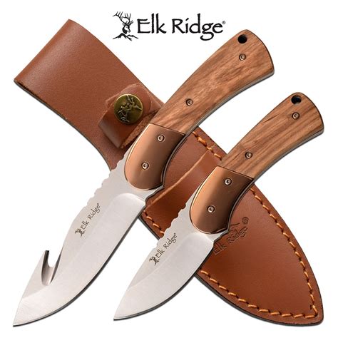 Hunting Knife Set Elk Ridge 2 Pc. Full Tang Brown Wood Handl