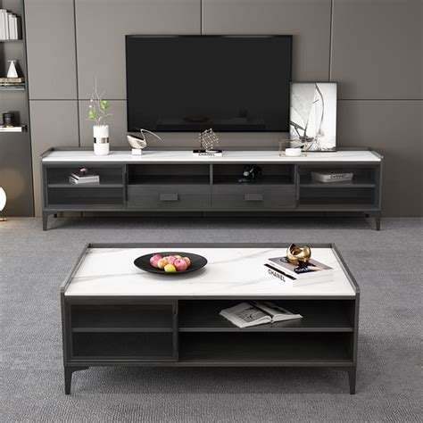 Modern TV Stand & Coffee Table Set of 2 in White & Black for 85" TV with Sintered Stone | Homary