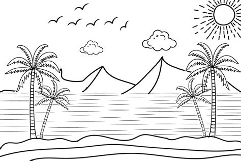 Summer sunset tropical beach line art vector illustration, hand drawn sunset and sunrise outline ...