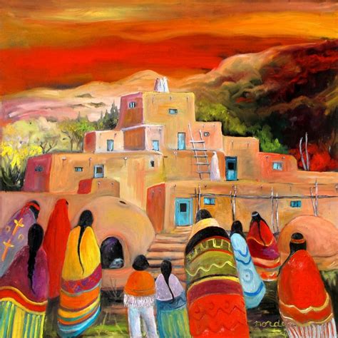 Red Dawn at the Pueblo | Native american paintings, Art deco paintings, Southwest art paintings