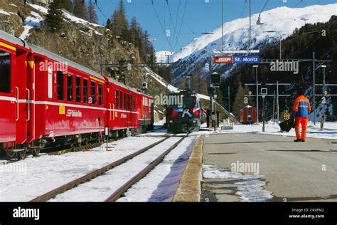 A train leaves the station of St. Moritz Stock Photo - Alamy