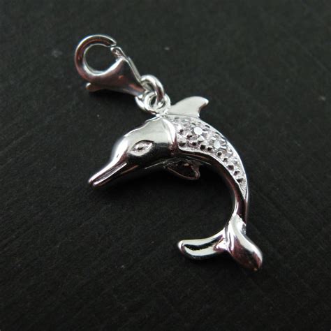 Sterling Silver Dolphin Charm with CZ Cubic Zirconia Stone- Charm with ...