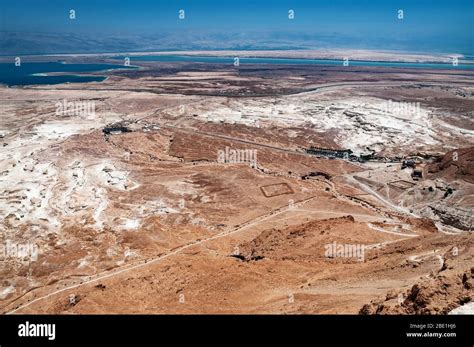 panoramic view from masada desert fortress to dead sea, israel Stock ...