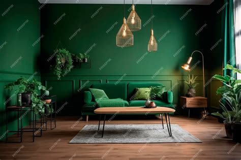 Premium AI Image | A living room with green walls and a wooden coffee table with a wooden coffee ...