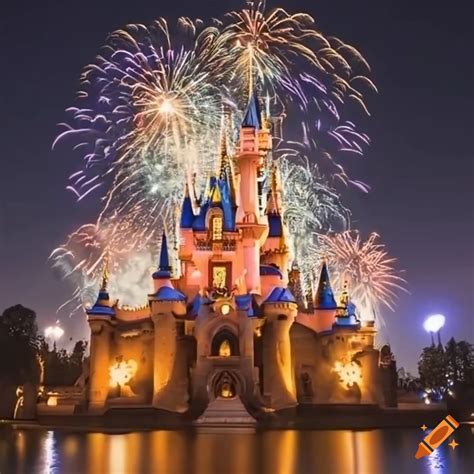 Night view of disneyland castle with fireworks on Craiyon