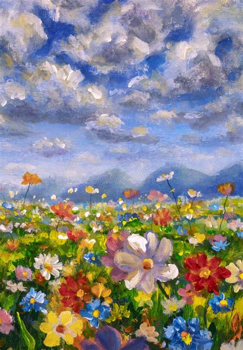 Landscape Flower Meadow Oil Painting Stock Image - Image of paintings ...