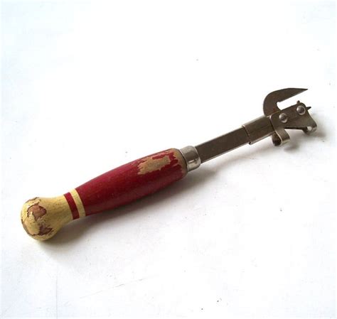 vintage red wood handle can opener bottle utencil kitchenware