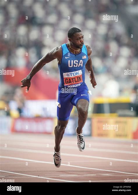 Justin Gatlin running the 100m at the 2019 World Athletics ...