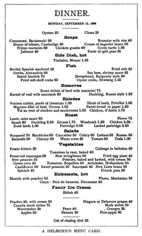 Menu: Delmonico'S, 1898. /Ndinner Menu For Delmonico'S Restaurant In ...