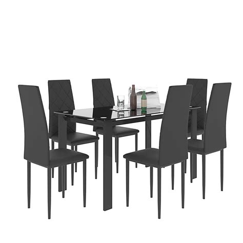 PAPROOS 7 Piece Dining Table Set, Dining Room Table Set with Tempered Glass Top and Faux Leather ...