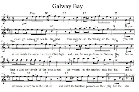 Galway Bay sheet music and tin whistle notes - Irish folk songs