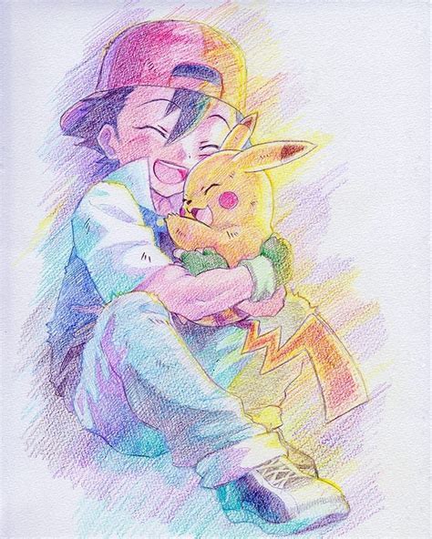 a drawing of a kid hugging a pokemon pikachu