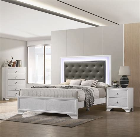 Modern Crisp White Finish 3pc King Size Upholstered LED Backlit HB Bed ...