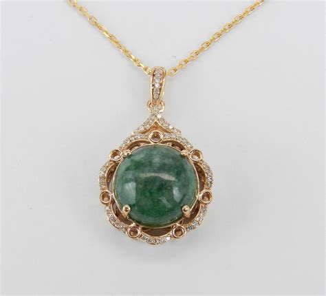 Natural Jade Necklace, Diamond and Jade Halo Pendant, 14K Yellow Gold ...